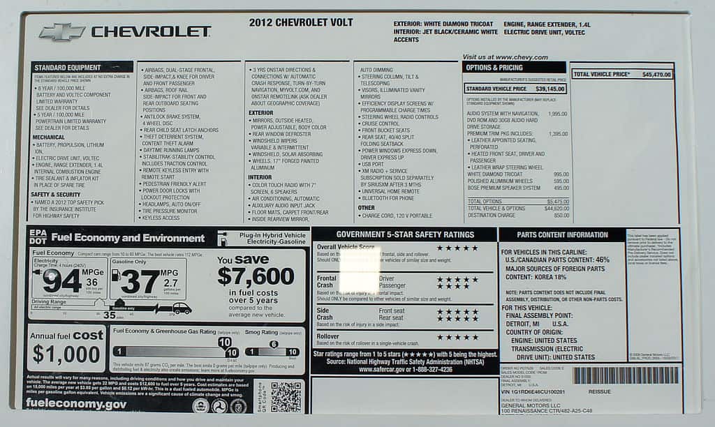 2012 chevy volt window sticker